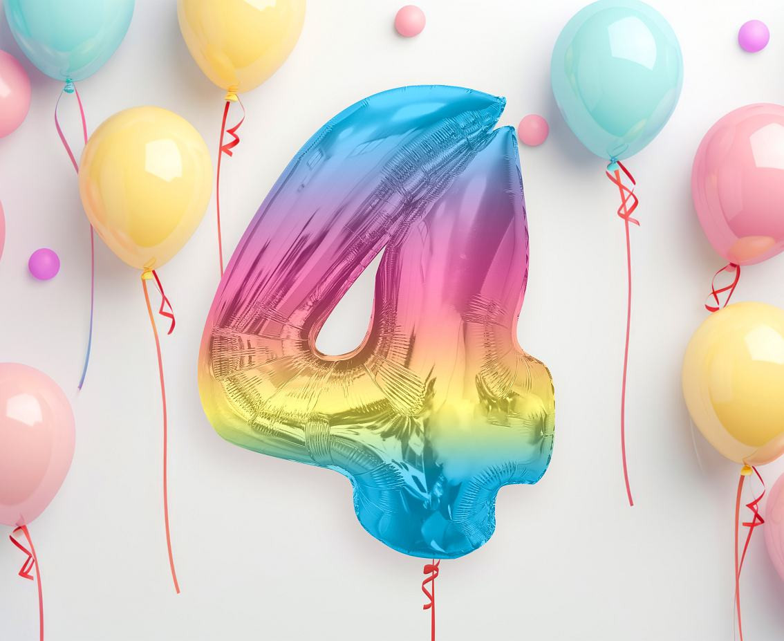 Foil balloon number 4, rainbow, 92 cm EOL