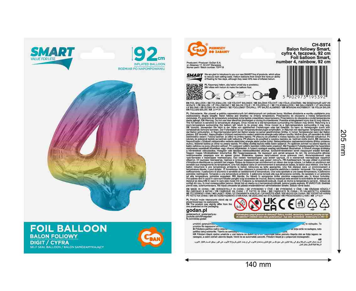 Foil balloon number 4, rainbow, 92 cm EOL