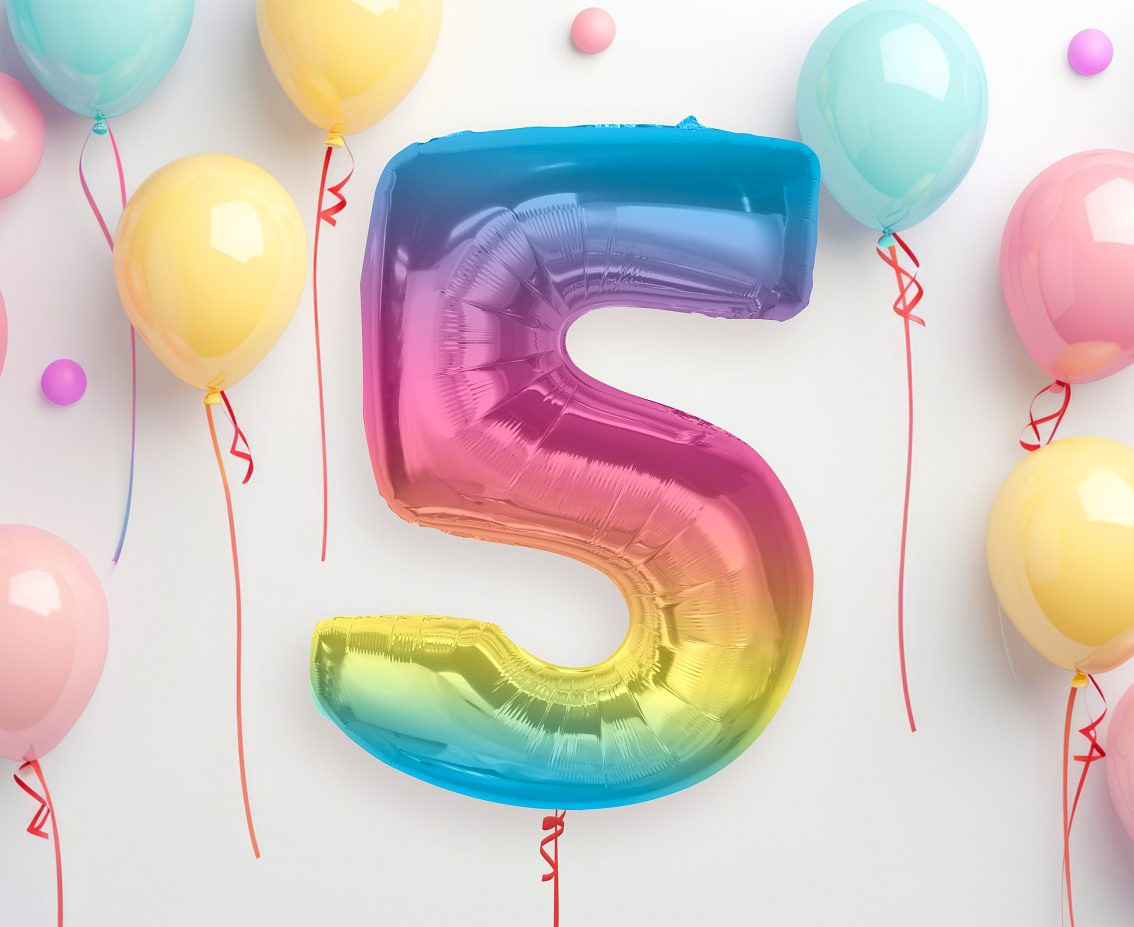 Foil balloon number 5, rainbow, 92 cm EOL