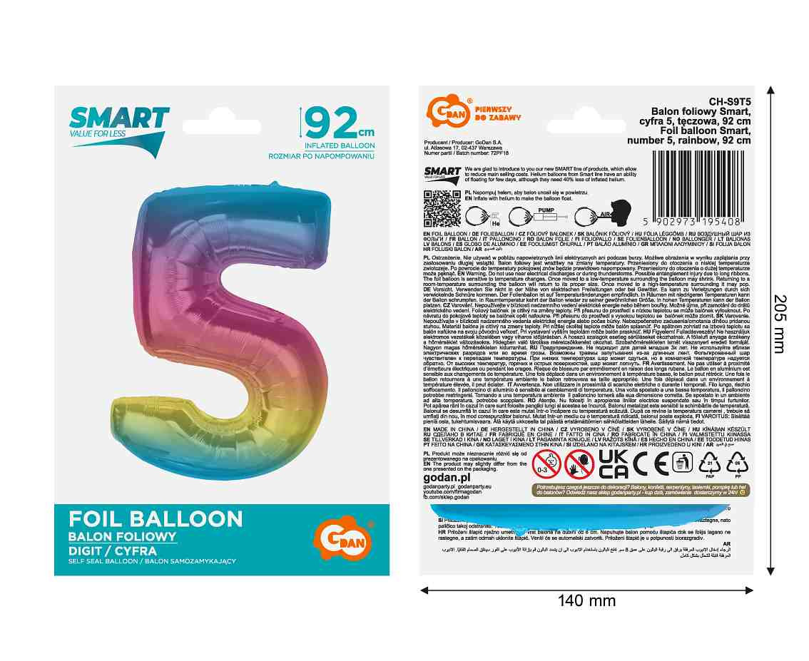 Foil balloon number 5, rainbow, 92 cm EOL