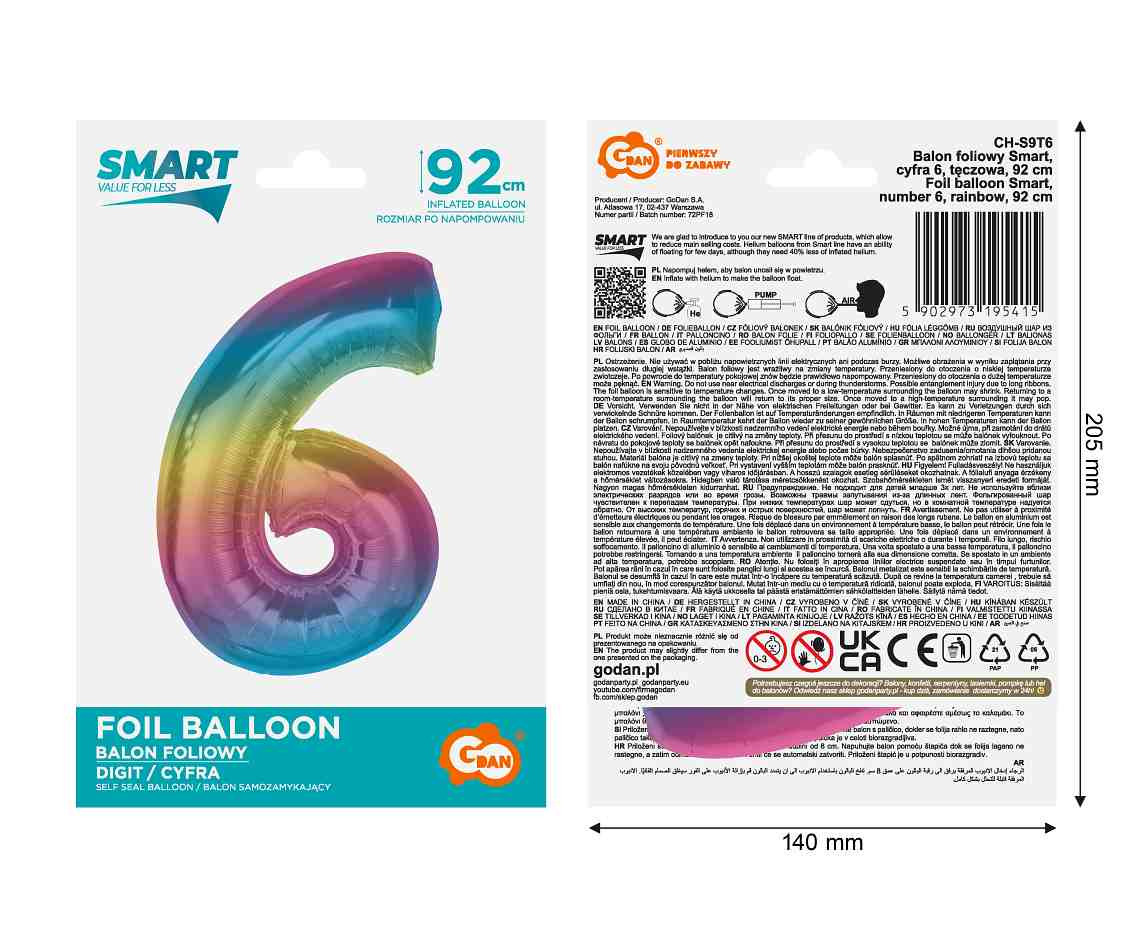 Foil balloon number 6, rainbow, 92 cm EOL