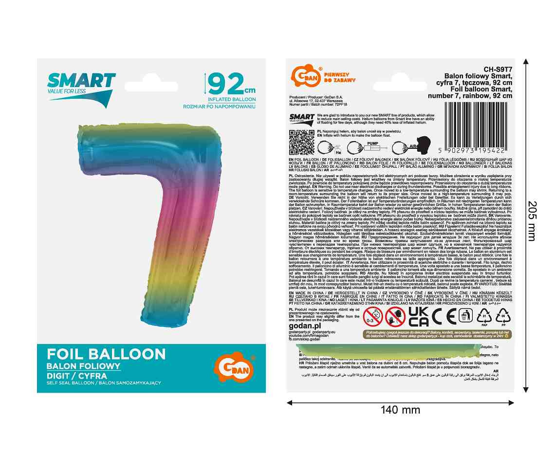 Foil balloon number 7, rainbow, 92 cm EOL