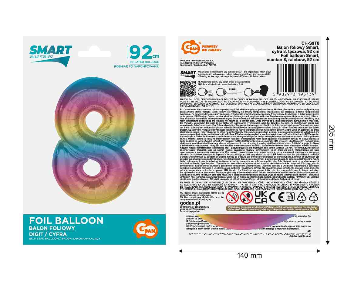 Foil balloon number 8, rainbow, 92 cm EOL