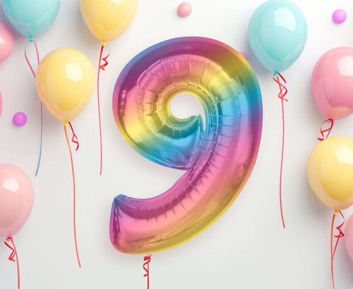 Foil balloon number 9, rainbow, 92 cm EOL