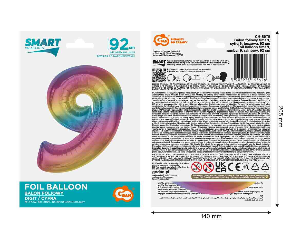 Foil balloon number 9, rainbow, 92 cm EOL