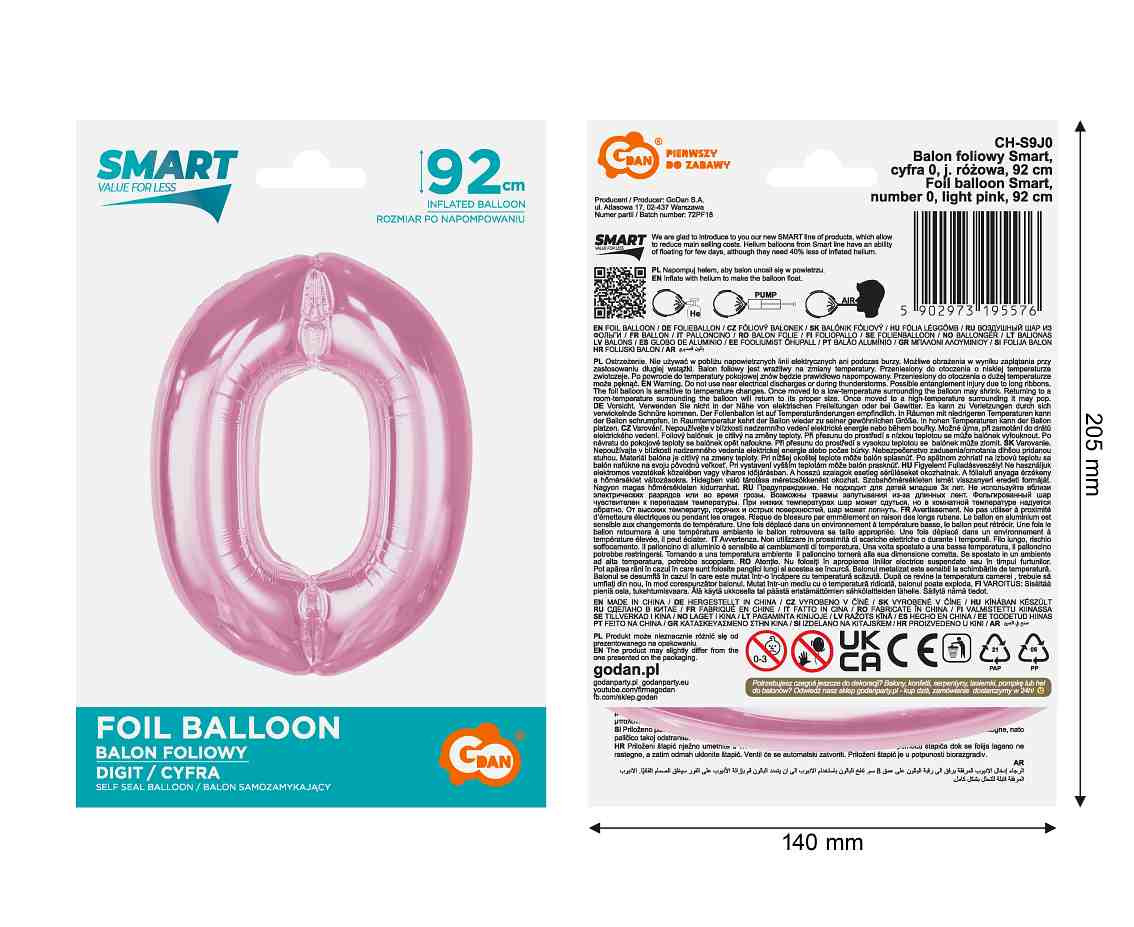 Foil balloon B&C Number 0, light pink, 92 cm