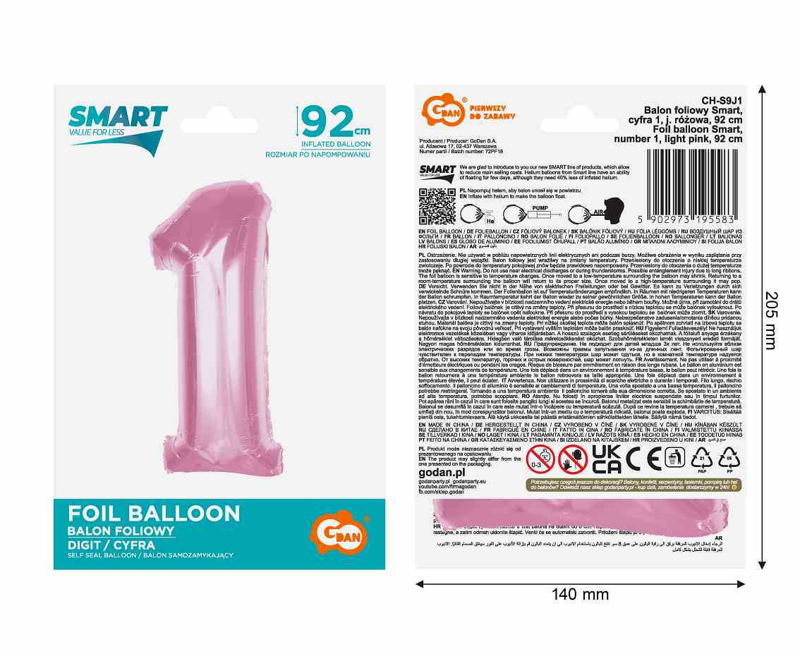 Foil balloon B&C Number 1, light pink, 92 cm