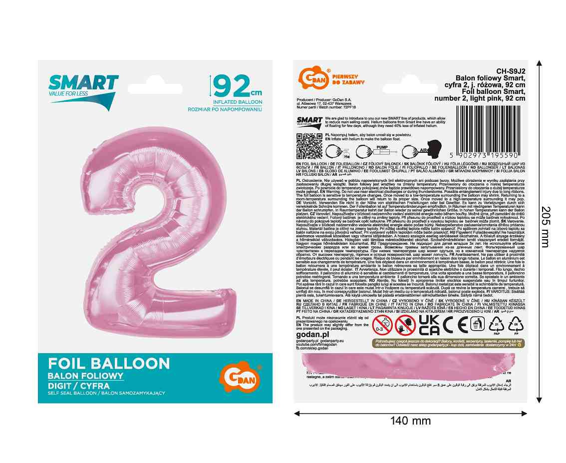 Foil balloon B&C Number 2, light pink, 92 cm