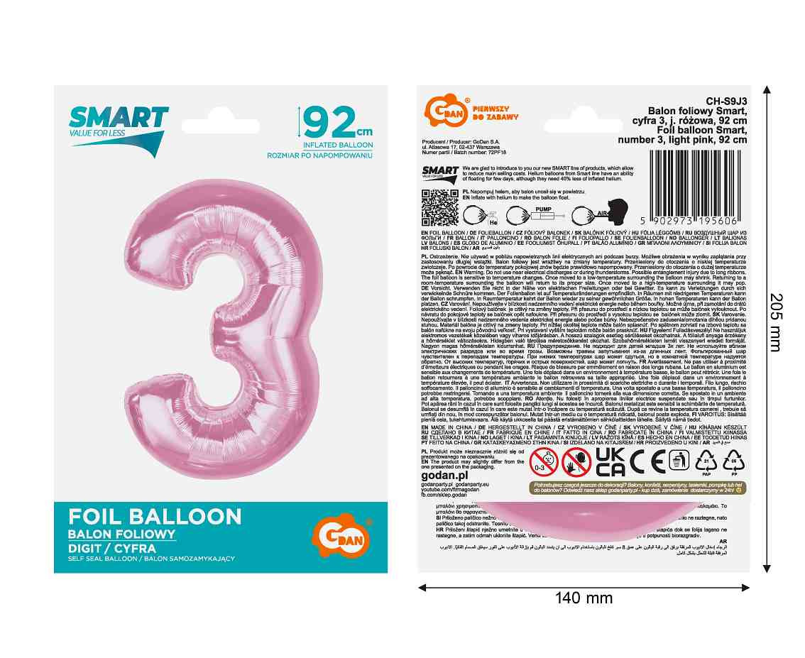 Foil balloon B&C Number 3, light pink, 92 cm