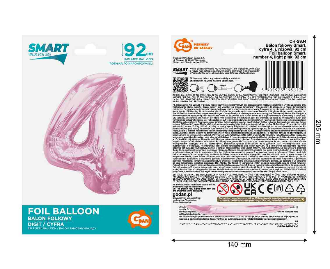 Foil balloon B&C Number 4, light pink, 92 cm