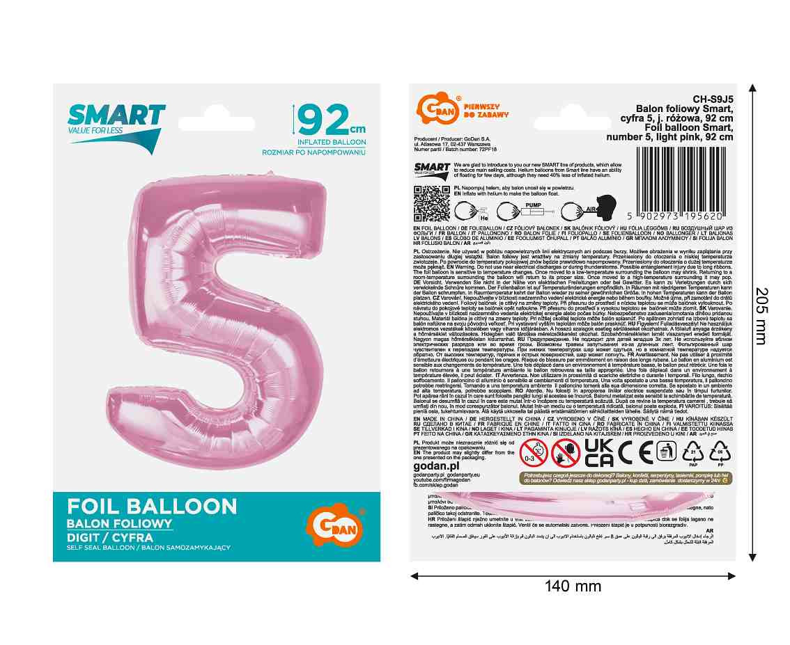 Foil balloon B&C Number 5, light pink, 92 cm
