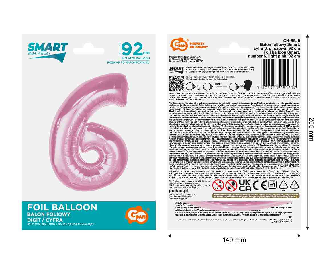 Foil balloon B&C Number 6, light pink, 92 cm