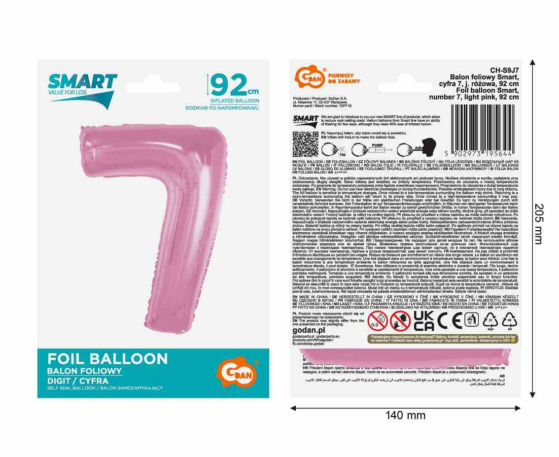 Foil balloon B&C Number 7, light pink, 92 cm