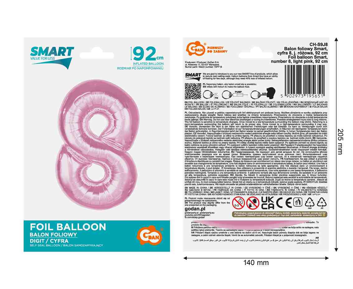 Foil balloon B&C Number 8, light pink, 92 cm