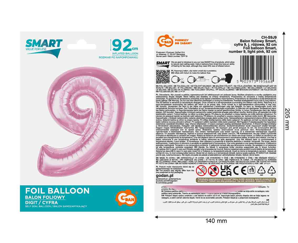 Foil balloon B&C Number 9, light pink, 92 cm