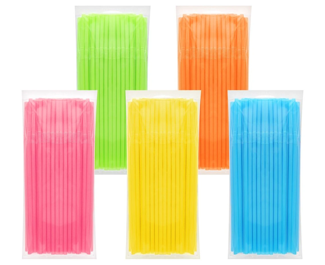 Reusable plastic straws (flexible), mix color  5x210mm/ 100 pcs