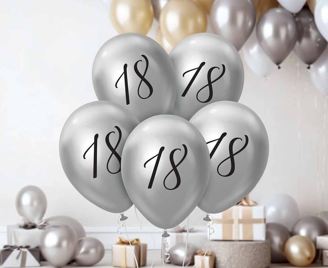 Balloons B&C 12",  18th birthday, platinum silver, 5pcs
