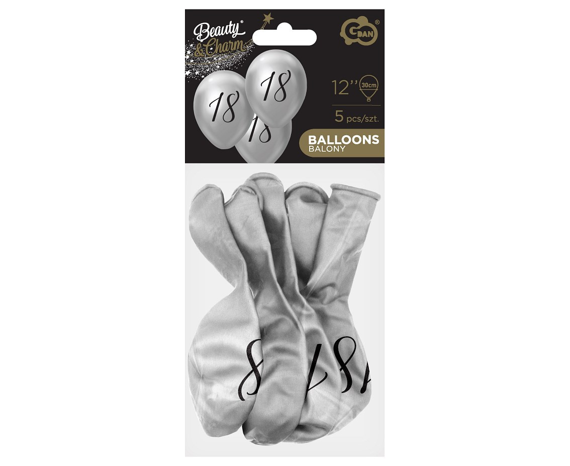 Balloons B&C 12",  18th birthday, platinum silver, 5pcs
