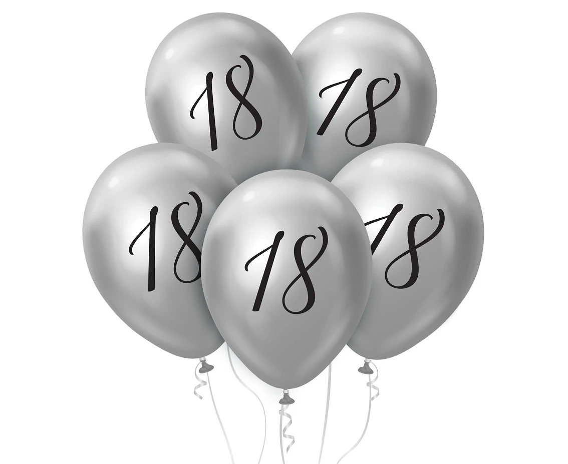 Balloons B&C 12",  18th birthday, platinum silver, 5pcs
