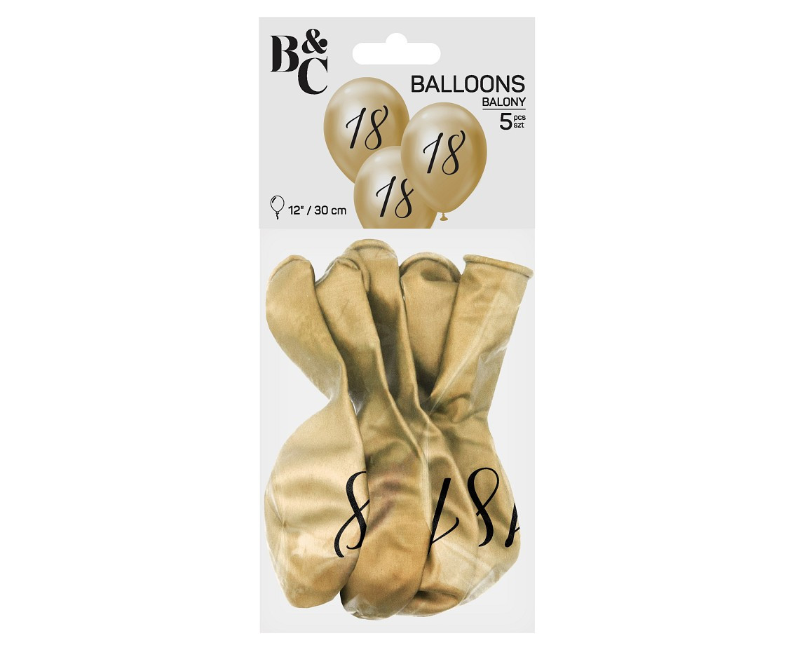 Balloons B&C 12",  18th birthday, platinum light gold, 5pcs