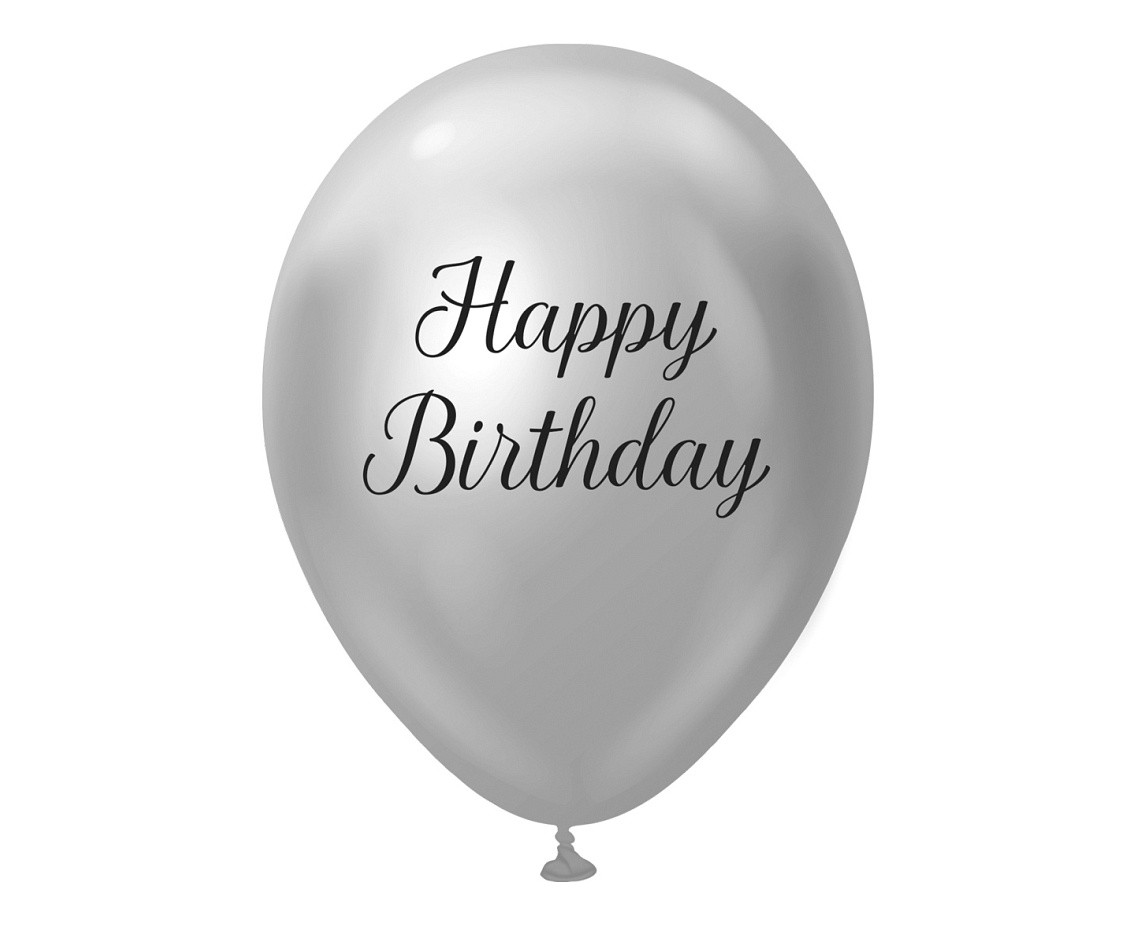 Balloons B&C 12", "Happy Birthday", platinum silver, 5pcs
