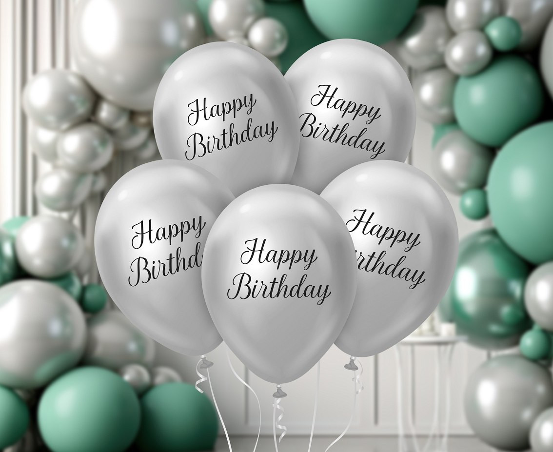 Balloons B&C 12", "Happy Birthday", platinum silver, 5pcs
