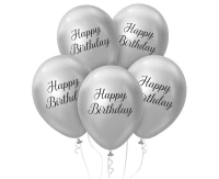 Balloons B&C 12", "Happy Birthday", platinum silver, 5pcs