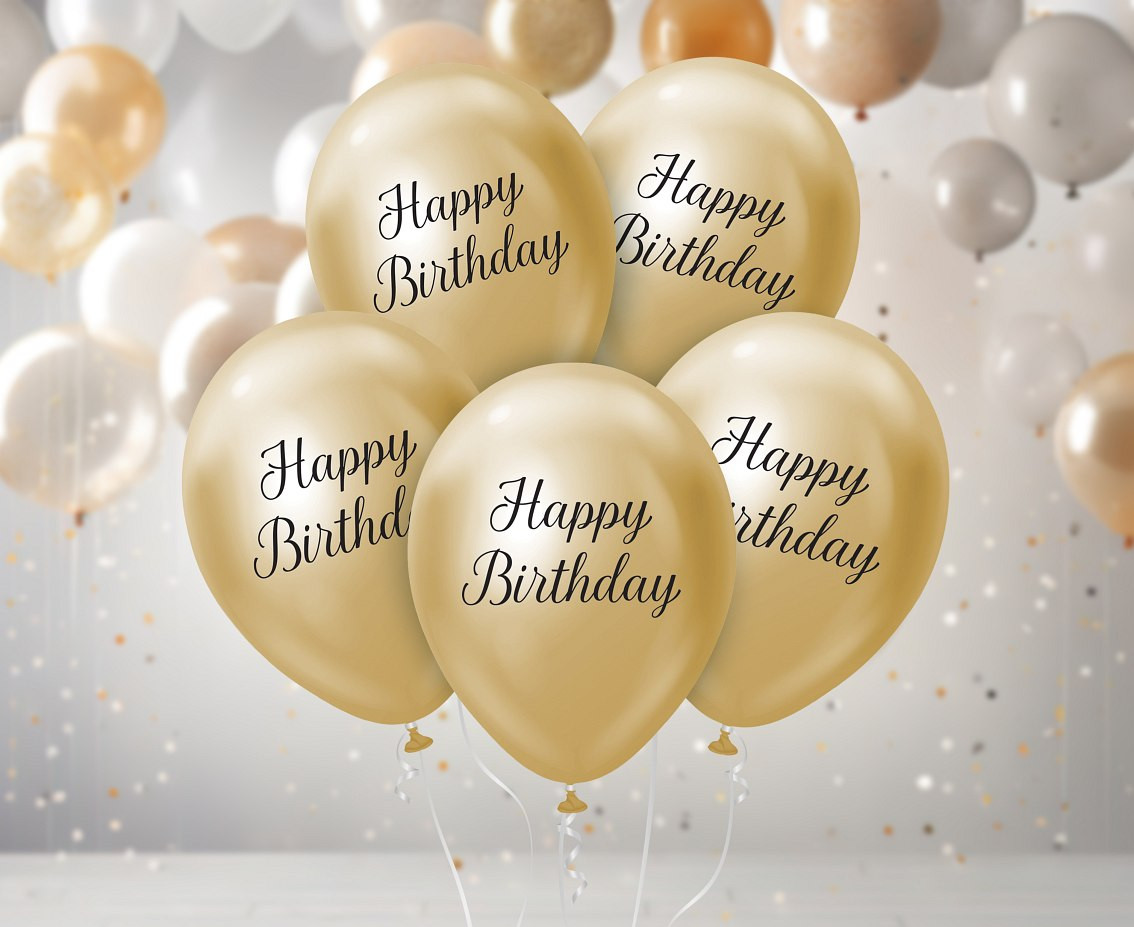 Balloons B&C 12", Happy Birthday platinum light gold, 5pcs