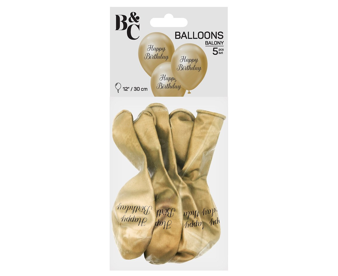 Balloons B&C 12", Happy Birthday platinum light gold, 5pcs