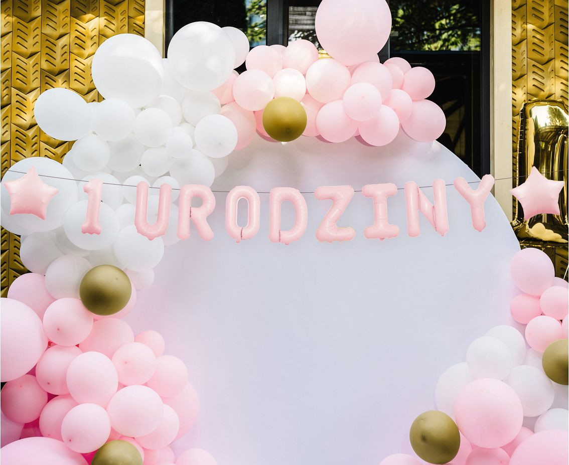 Paper garland  "1 URODZINY", pink, 1,5 m.