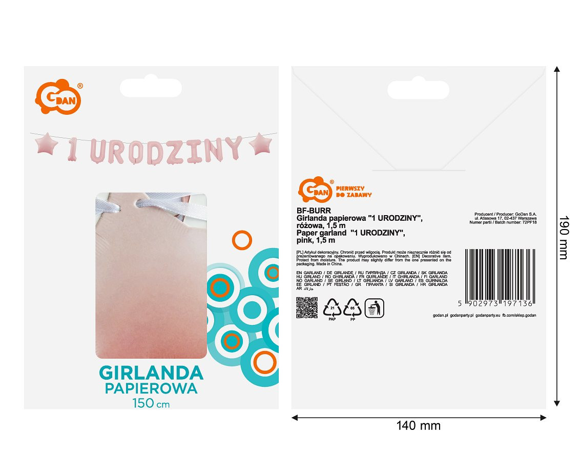 Paper garland  "1 URODZINY", pink, 1,5 m.