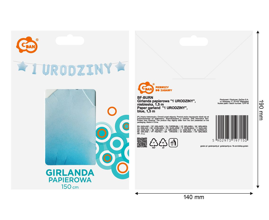 Paper garland  "1 URODZINY", blue, 1,5 m.