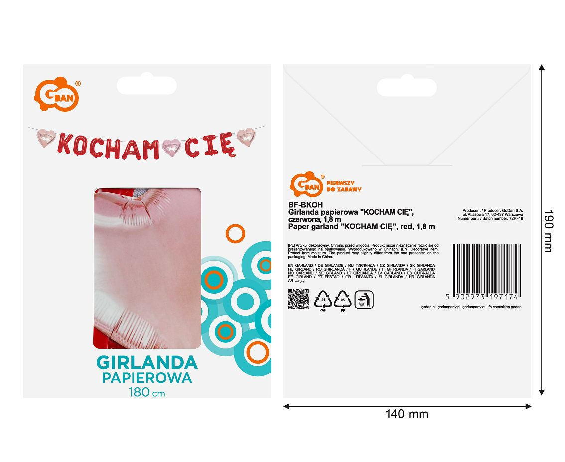 Paper garland "KOCHAM CIĘ", red , 1,8 m
