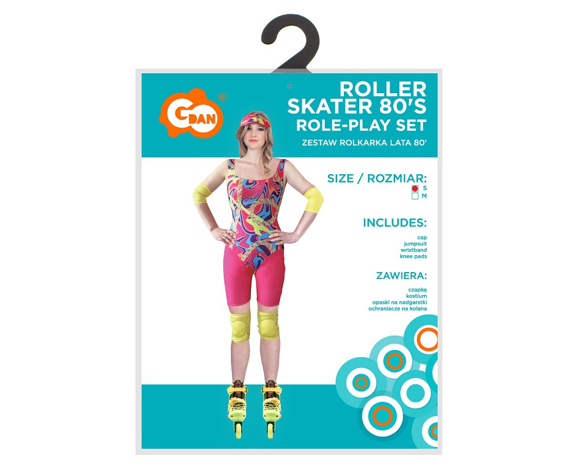 Role play-set for adult Roller Skater 80'' s(cap, jumpsuit, wristband, knee pads), size S EOL