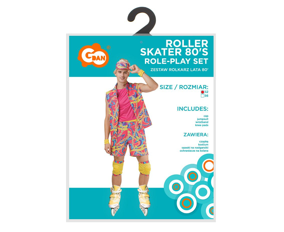Role play-set for adult Roller Skater 80' s(cap, jumpsuit, wristband, knee pads), size 52