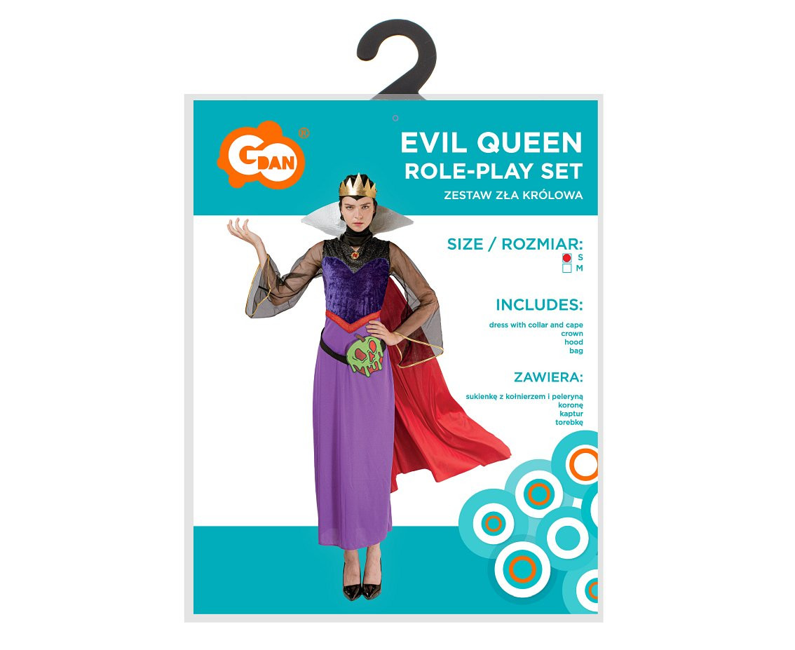 Role play-set for adult Evil Queen (crown, dress with collar and cape, bag, hood), size S EOL
