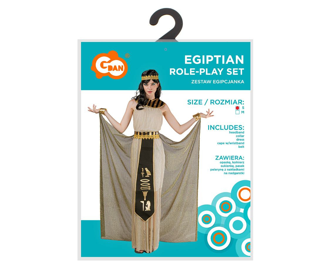 Role play-set for adult Egiptian (headband, collar, dress, cape w/wristband, belt), size S