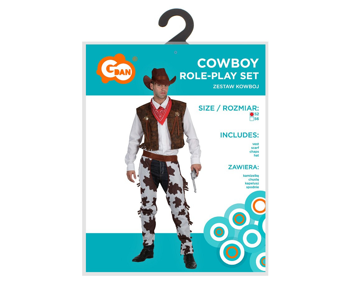 Role play-set for adult Cowboy (vest, scarf, chaps, hat), size 52