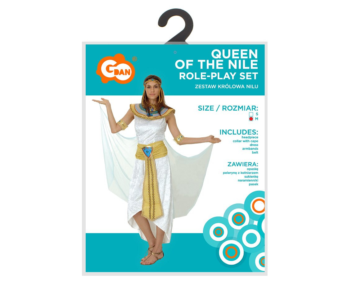Role play-set for adult Queen of the Nile (headpiece, collar with cape, dress, armbands, belt), size M