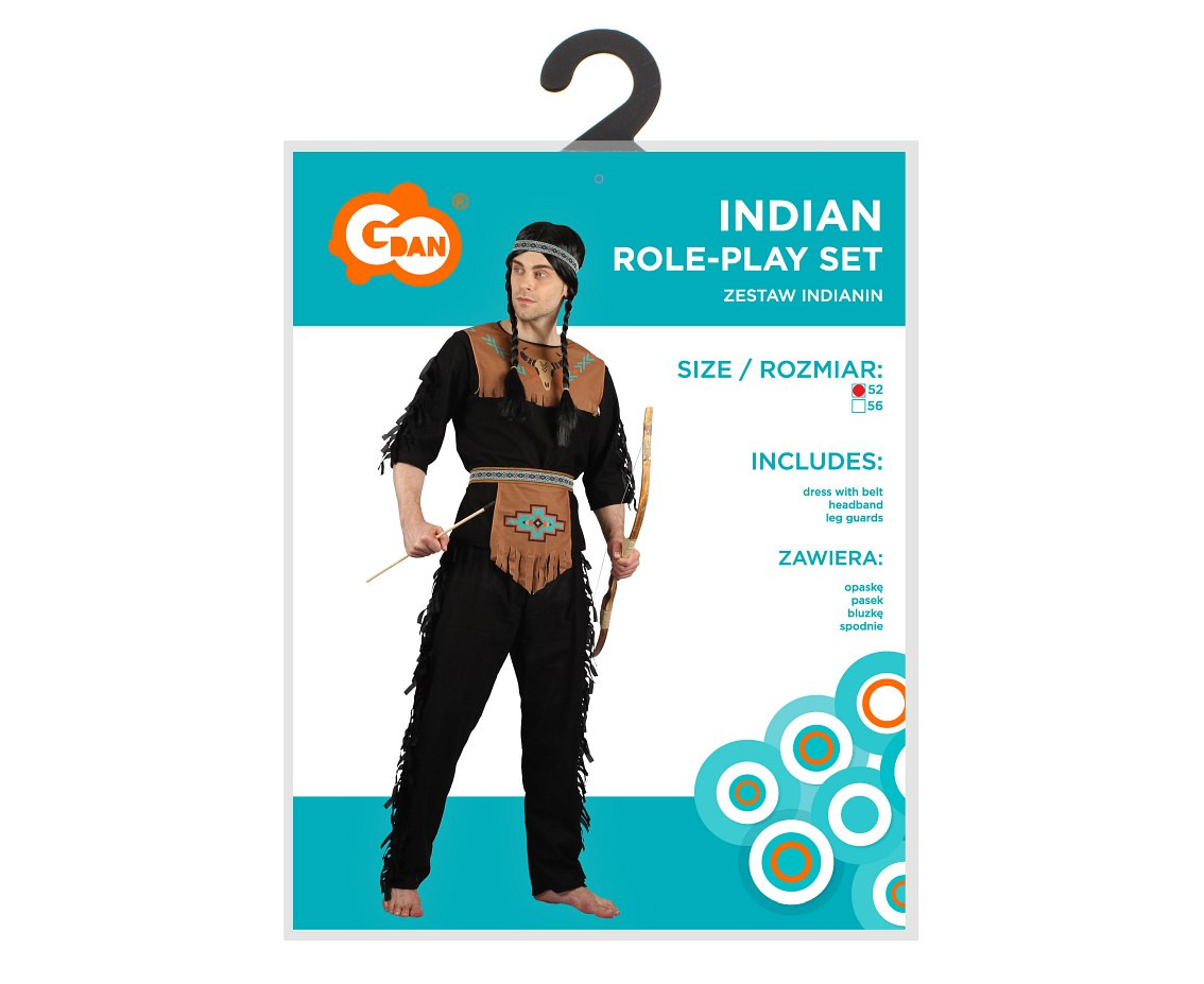 Role play-set for adult Indian (dress with belt, headband, leg guards), size 52