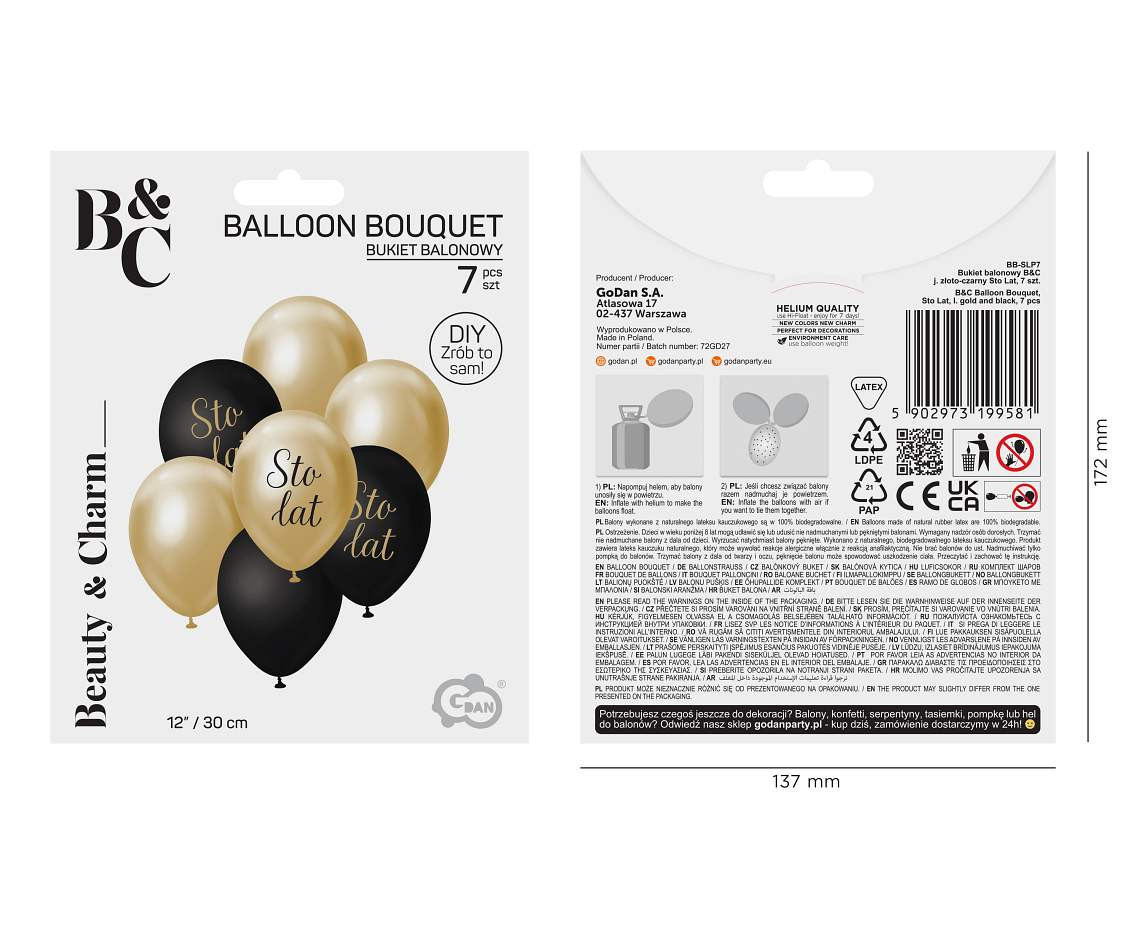B&C Balloon Bouquet, Sto Lat, l. gold and black, 7 pcs.