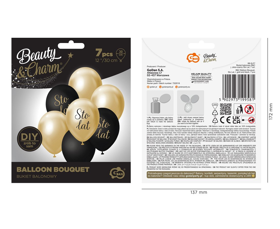 B&C Balloon Bouquet, Sto Lat, l. gold and black, 7 pcs.