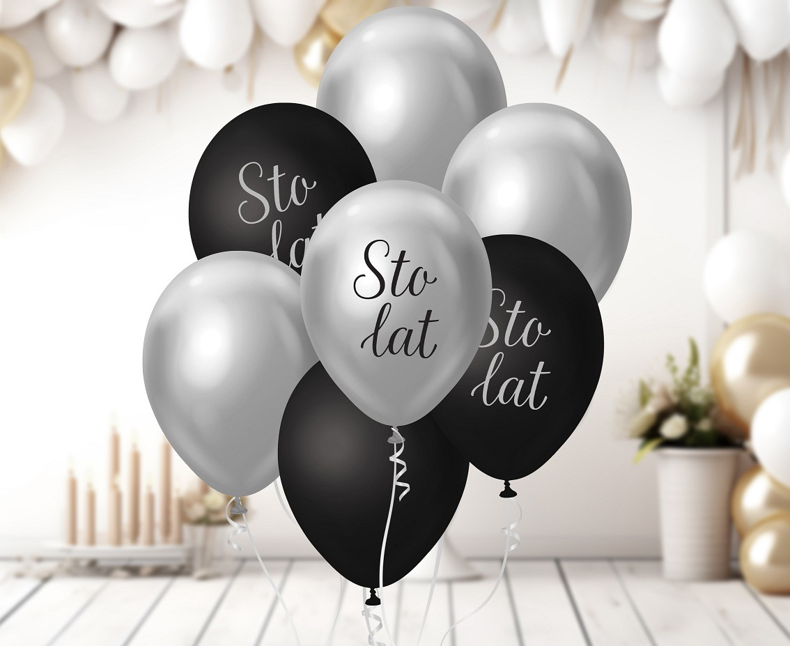 B&C Balloon Bouquet, Sto Lat, silver and black, 7 pcs.
