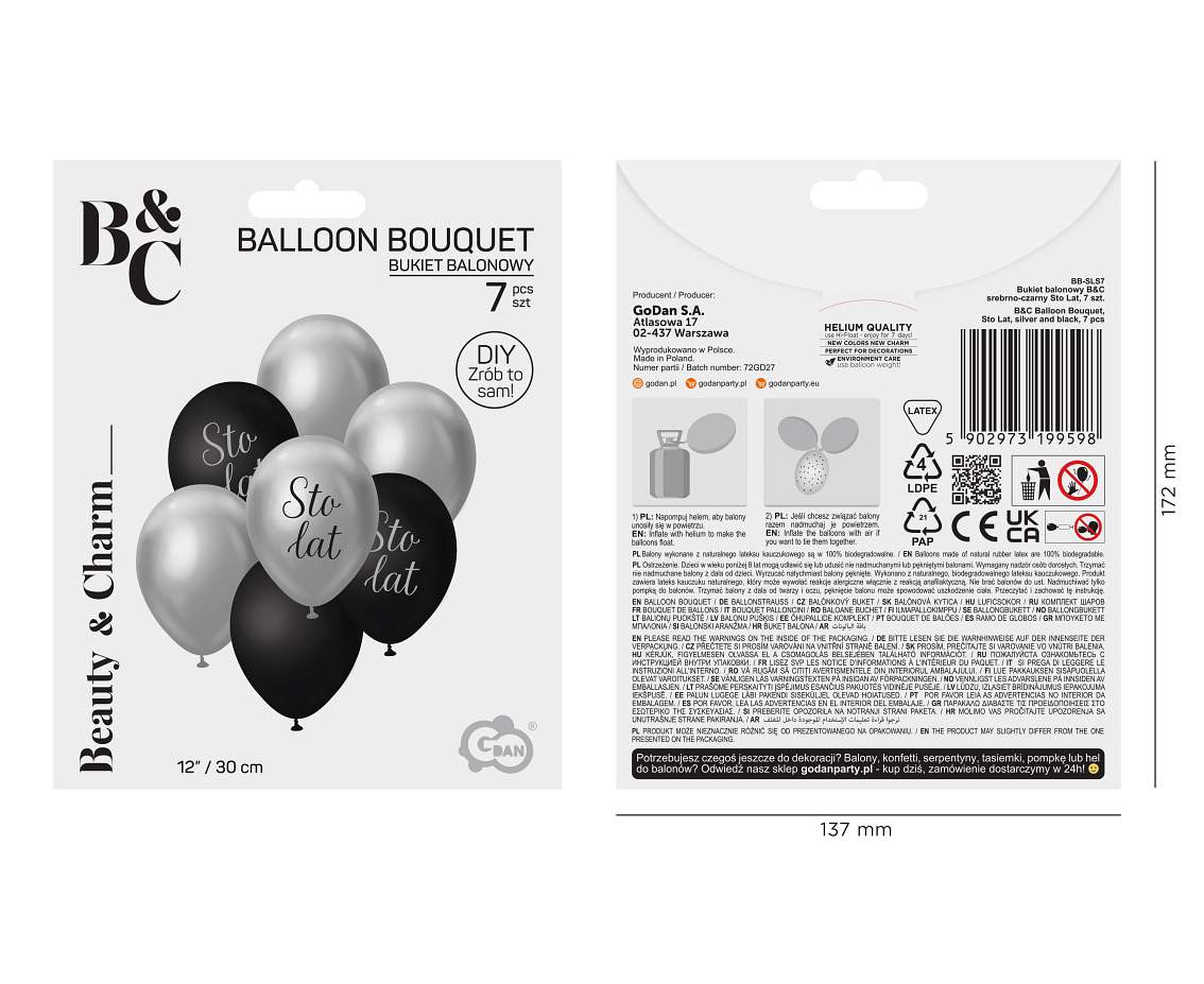 B&C Balloon Bouquet, Sto Lat, silver and black, 7 pcs.