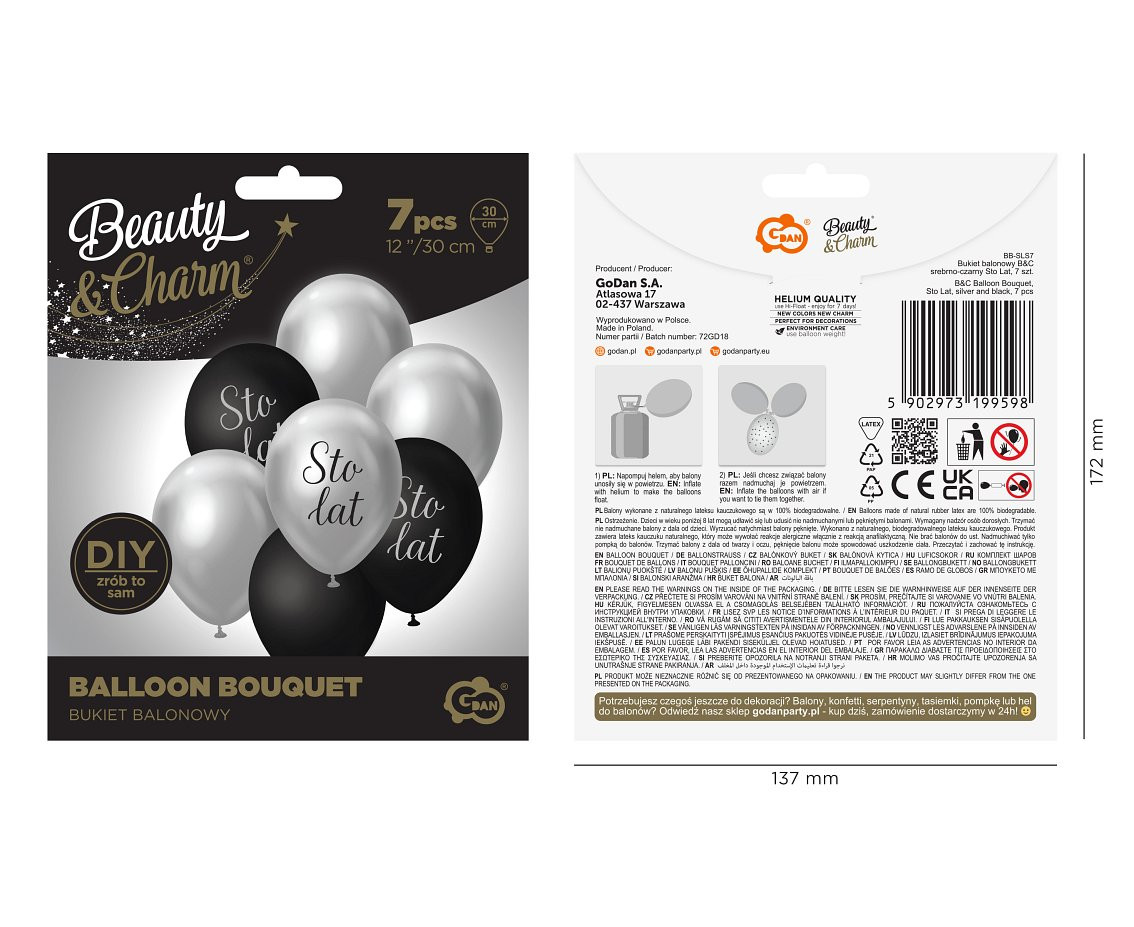B&C Balloon Bouquet, Sto Lat, silver and black, 7 pcs.