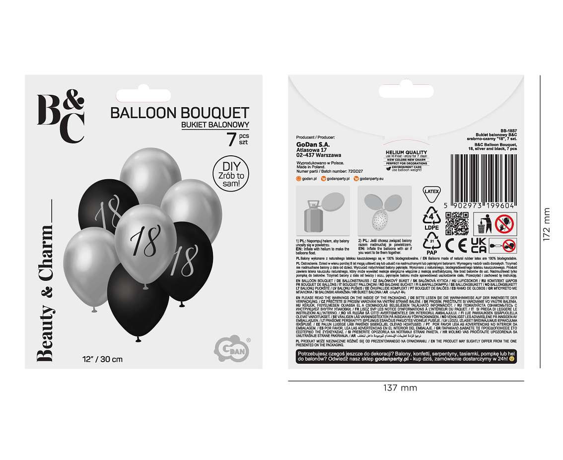 B&C Balloon Bouquet, 18, silver and black, 7 pcs.