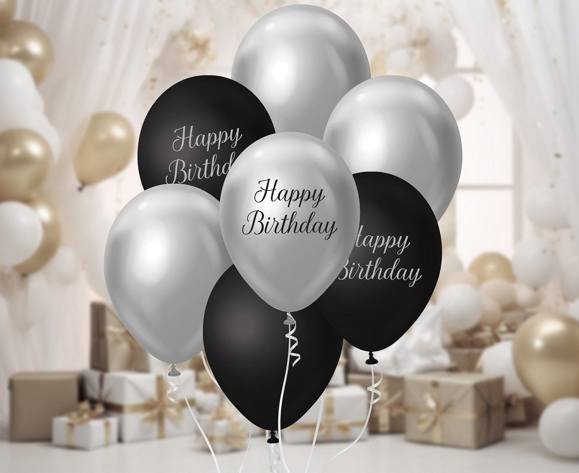 B&C Balloon Bouquet, Happy Birthday, silver and black, 7 pcs.