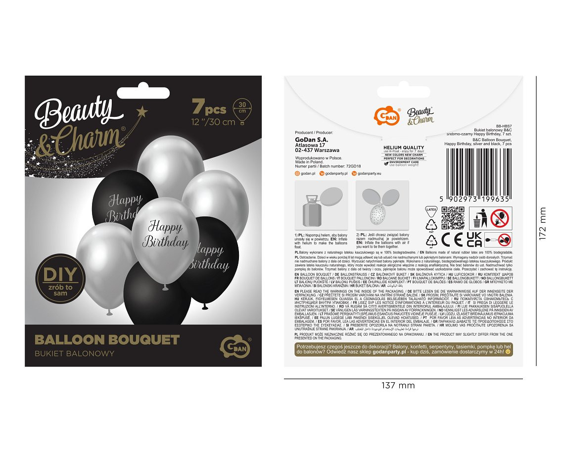 B&C Balloon Bouquet, Happy Birthday, silver and black, 7 pcs.