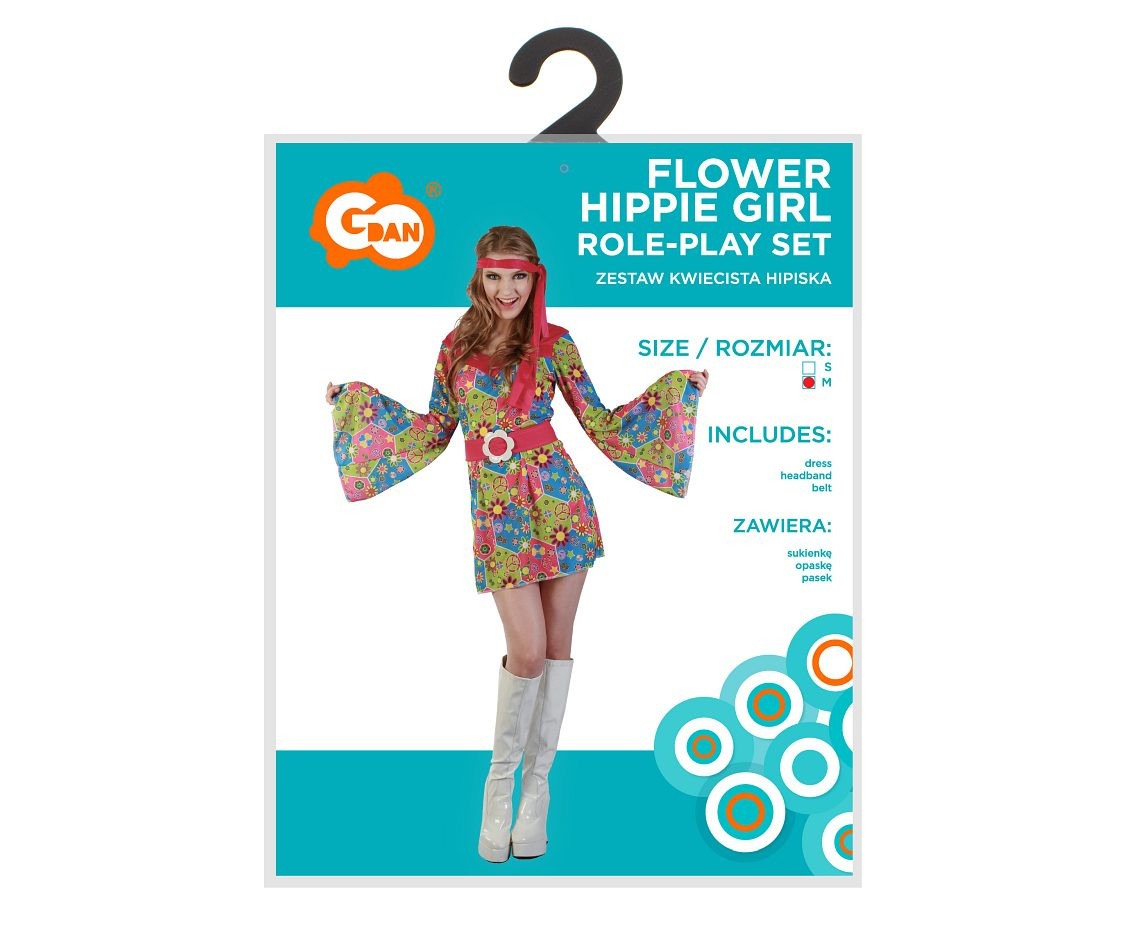 Role play-set for adult Flower Hippie Girl (dress, headband, belt), size M