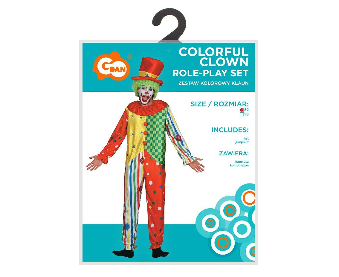 Role play-set for adult Colorful Clown (hat, jumpsuit), size 52